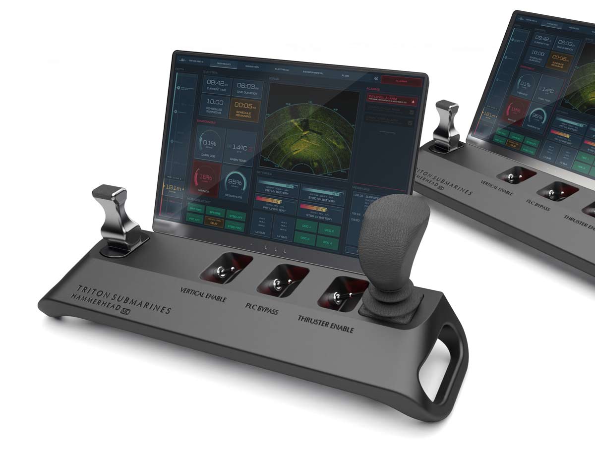 Triton Hammerhead control system showing joysticks and user interface.