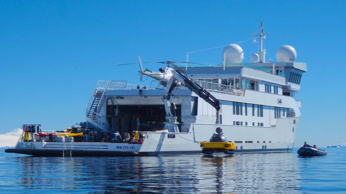 Expedition yacht with helicopter and Triton Submersibles onboard.