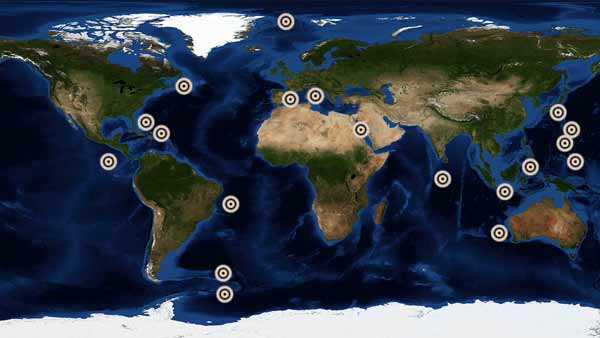 World map showing dozens of Triton dives across all continents