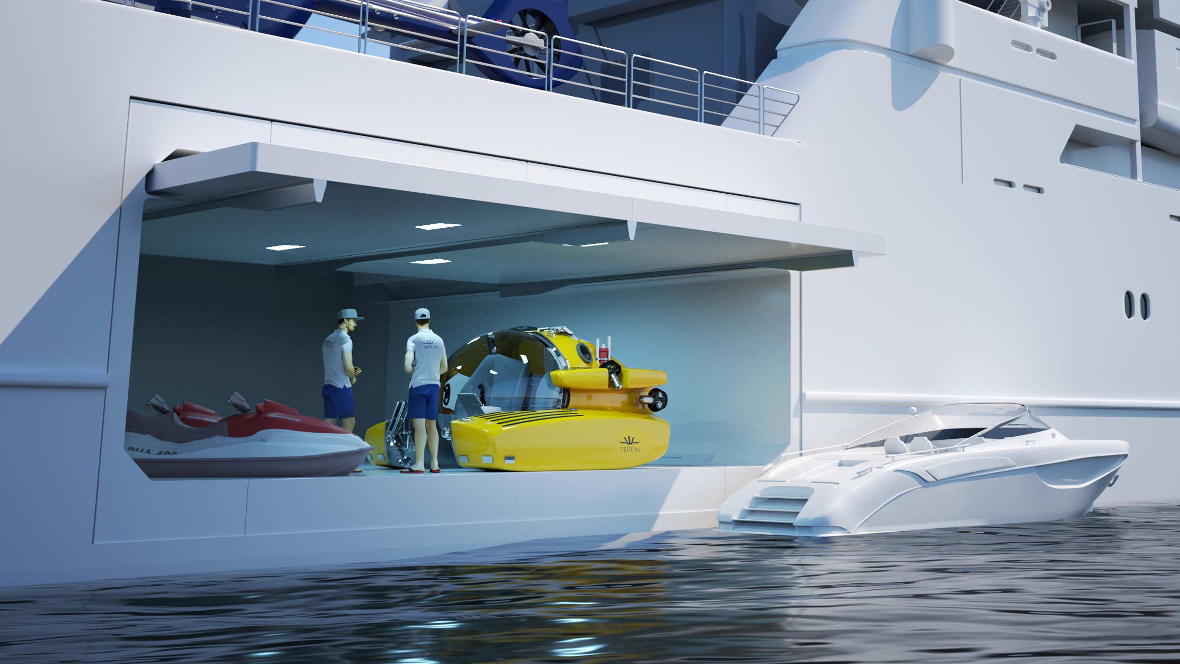 Triton submersible integrated into super yacht tender garage